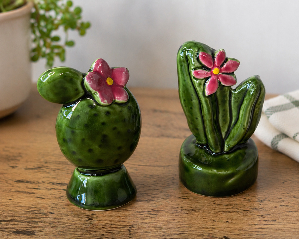 Vintage Japan Green Cactus Cacti Salt Pepper Shakers Pink Flower Ceramic Set